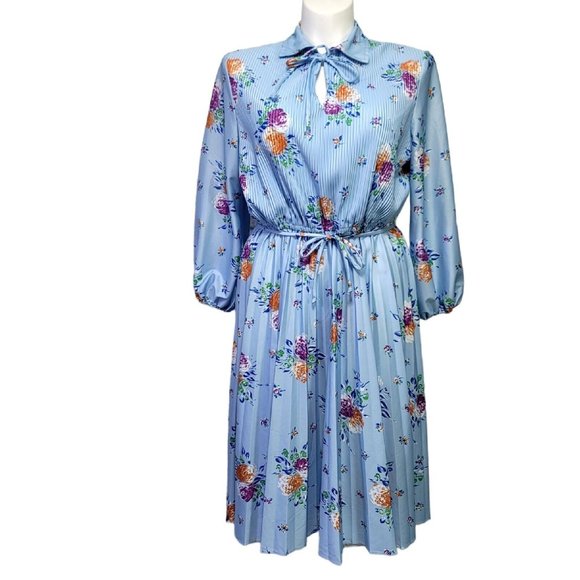 Vintage 70s Blue Floral Sheer Scarf Tie‎ Collar Pleated Secretary Midi Dress - Picture 1 of 12